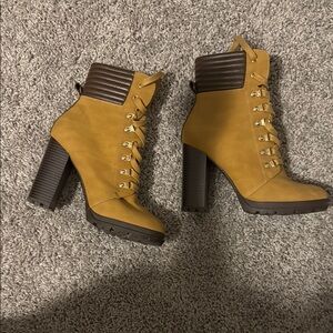 JustFab Tan Heeled Boots with Chunky Heel